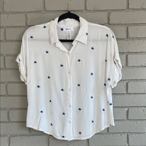 Japna White Button Down Shirt with Blue Star Pattern